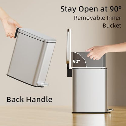 KSSKSS Small Bathroom Trash Can with Lid Soft Close, Step Pedal, 6L / 1.6 Gal Stainless Steel Garbage Bin with Removable Inner Bucket, Slim Wastebasket for Narrow Spaces (Silver) - color: Silver--P
