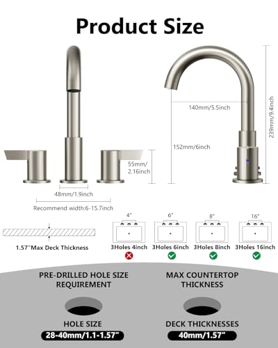 Brushed Nickel Bathroom Faucet 3 Hole, 8 Inch Widespread 2-Handle | SUS304 Stainless Steel, 2-Handle Control, Pop-Up Drain, Supply Lines and Mounting Hardware for 8-Inch Widespread Vanity Sinks - color: Brushed Nickel