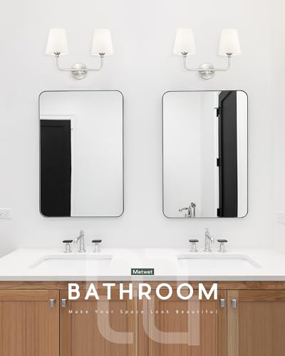 2-Light Brushed Nickel Bathroom Vanity Light, White Fabric Shades | 17" double wall sconce, upward only, E26 base, hardwired, bulbs not included, VL837-BN-2 - color: Brushed Nickel, size: 2-light