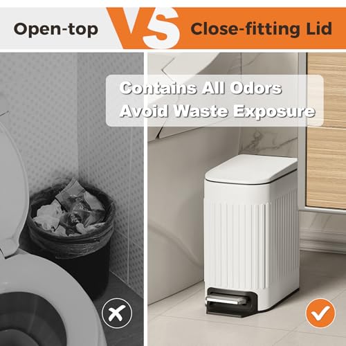 TrashAid Slim Bathroom Trash Can with Lid Soft Close & Pedal, 1.6Gal, White | Removable Inner Bucket, Stainless Steel Garbage Can, Small Wastebasket for Toilet/Office/Bedroom, Retro Design, Odor Control - color: White