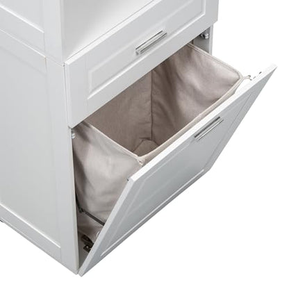 JIVOIT 70" H Tall Bathroom Cabinet with Laundry Basket, Double Storage Cabinets with Doors and Open Space, Tilt-Out Laundry Hamper and Upper Storage - color: White * 102