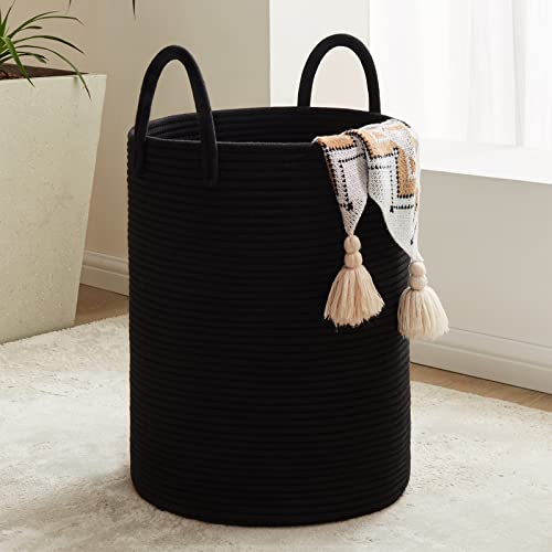72L Large Woven Laundry Hamper by Fiona's magic, Tall Cotton Rope Storage Basket, Jute Baby Nursery Hamper for Blankets, Toys and Clothes in Bedroom and Living Room Organizing, Black - color: Black, size: Large(72L)