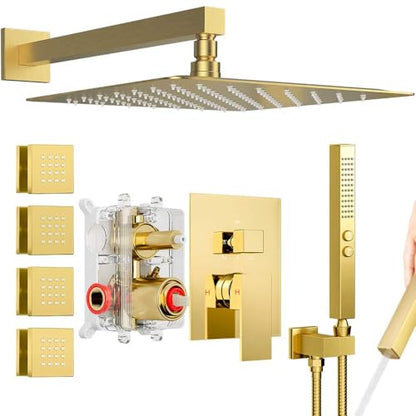 Shower System Brushed Gold Shower Faucets Sets, Bostingner 10" Rain Shower Head with 2 In 1 Handheld Spray and 4 Body Jets, Wall Mounted All Metal 3 Way Shower Set with Rough-in Valve and Trim Kit - color: Gold, size: 10 Inch
