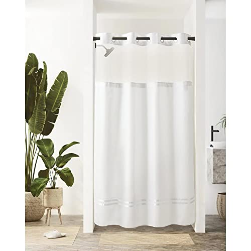 River Dream Stall Shower Curtain with Snap in Liner,No Hooks Needed Shower Curtain for Bathroom,Hotel Grade,Machine Washable,54" W×80" H,White,with White Stripe and Magnets - color: White Stripe, size: 54"W x 80"L (Pack of 1)