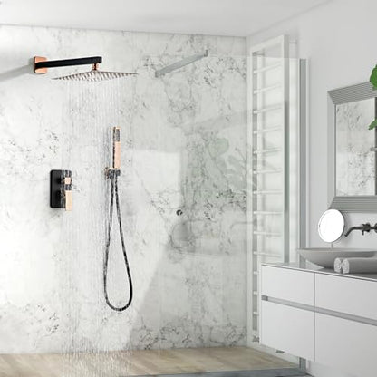 Shower Faucet Set, Matte Black and Rose Gold Rainfall Shower System Complete Wall Mounted for Bathroom with 12 Inch Square Shower Head and Handheld Shower Head Rain Mixer Combo Set - color: Matte Black+Rose Gold, style: 12 Inch