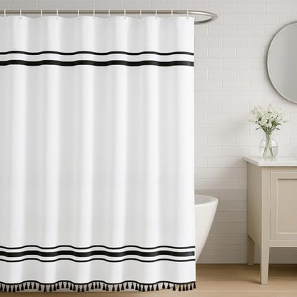 Seasonwood Black and White Shower Curtain,78-Inch Striped Shower Curtain | Water-resistant fabric, textured fringe detail, modern boho styling, decorative bathroom update for tubs and showers - size: 72"W x 78"L (Pack of 1)