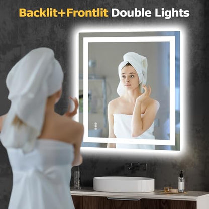 Hivone 32"X36" LED Bathroom Mirror with Lights, Anti-Fog, Dimmable, Backlit + Front Lit, Smart Bathroom Vanity Mirror, Memory Function, Shatterproof, Tempered Glass (Horizontal/Vertical) - size: 32"L x 36"W