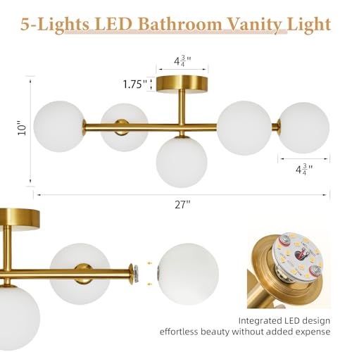 Modern Bathroom Vanity Light Fixtures,LED Brushed Gold Wall Sconce Lighting | 5 Lights Milk Glass Globe Vanity Light,Brushed Gold Bathroom Vanity Light,Dimmable Brass Mid Century Wall Sconces over Mirror - color: Gold Milk Glass, size: Integrated LED