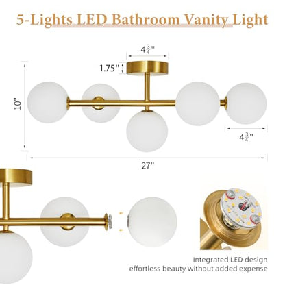 Modern Bathroom Vanity Light Fixtures,LED Brushed Gold Wall Sconce Lighting | 5 Lights Milk Glass Globe Vanity Light,Brushed Gold Bathroom Vanity Light,Dimmable Brass Mid Century Wall Sconces over Mirror - color: Gold Milk Glass, size: Integrated LED