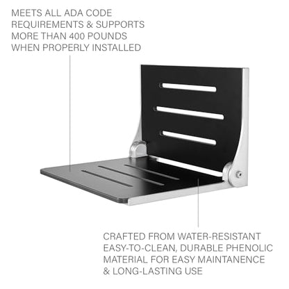 Seachrome Silhouette Folding Wall Mount Shower Bench Seat, Black Seat with Silver Frame - color: Matte Black Seat With Silver Frame
