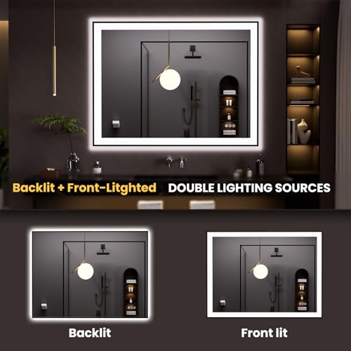 LOAAO 48"X36" LED Bathroom Mirror Black Framed | Anti-Fog, Dimmable, Memory Function, Tempered Glass, Lighted Vanity Mirror for Wall - size: 48"L x 36"W