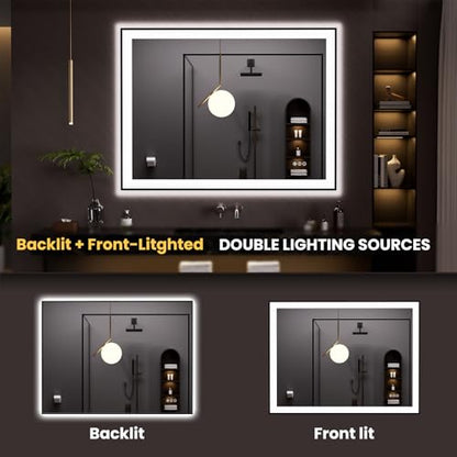 LOAAO 48"X36" LED Bathroom Mirror Black Framed | Anti-Fog, Dimmable, Memory Function, Tempered Glass, Lighted Vanity Mirror for Wall - size: 48"L x 36"W