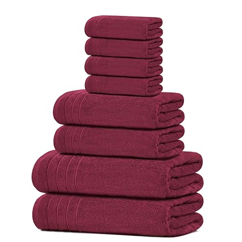 8 Piece Towel Set, 2 XL Bath, 2 Hand, 4 Washcloth, Burgundy | 100% Cotton, Lighter Weight, Quicker to Dry, Super Absorbent, Perfect for Bathroom - color: Burgundy