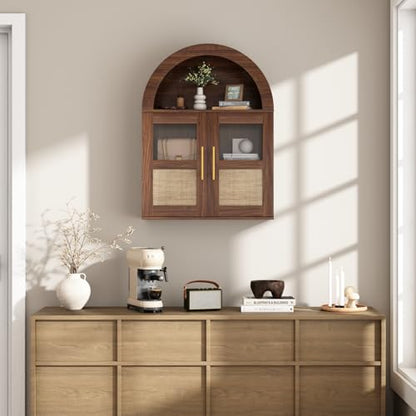 RUSTOWN Arched Bathroom Wall Cabinet with 2 Glass & Rattan Doors | Rattan Medicine Cabinet, Farmhouse Over the Toilet Storage Cabinet, Adjustable Shelves, 3-Tier Wall Mounted Cabinets - color: Walnut
