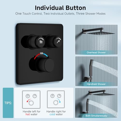 SR SUN RISE 100℉ Brushed Matte Black Shower System,10 Inch | Luxury Rainfall Shower Head,High-Pressure Handheld Shower,Soild Brass,Wall Mount,Valve and Trim Kit Included - color: Classic Matte Black, style: 10"