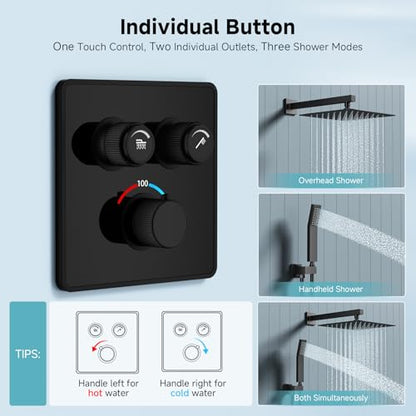 SR SUN RISE 100℉ Brushed Matte Black Shower System,10 Inch | Luxury Rainfall Shower Head,High-Pressure Handheld Shower,Soild Brass,Wall Mount,Valve and Trim Kit Included - color: Classic Matte Black, style: 10"
