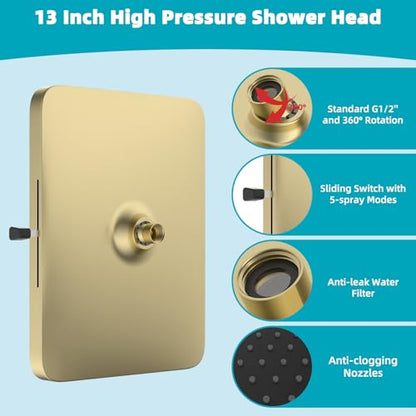Hibbent 5 Spray Modes Shower Head, 13'' High Pressure Rain Shower Head, Large Rainfall Showerhead for Bathroom, High Flow Waterfall Fixed Showerheads with Adjustable Swivel Ball Joint, Brushed Gold - color: Brushed Gold, style: Square 13''