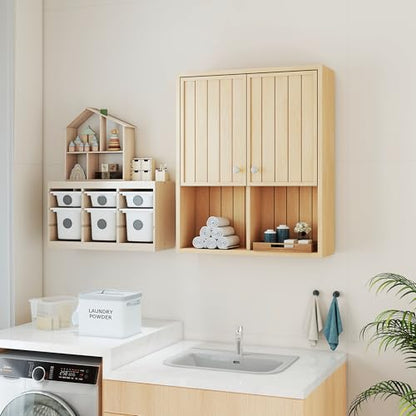Bathroom Storage Cabinet Wall Mounted, Pre-Assembled Medicine Cabinet with 2 Doors, Slim Hanging Wall Cabinet Over The Toilet for Small Spaces, Modern Farmhouse Style,Natural Oak