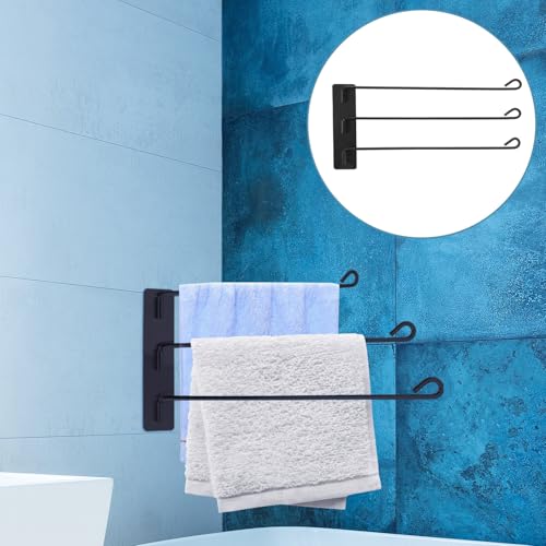 Rotating Stainless Steel Towel Rack Black 3-bar Punch-Free Wall Mounted Bathroom Towel Holder Organizer for Multiple