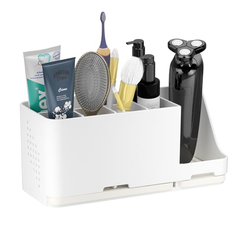 Bathroom Countertop Organizer with Water Absorbent Diatomite,8 Slots Bathroom Toothbrush Holder with Adjustable Dividers,Bathroom Sink Organizer Countertop (White) - color: White