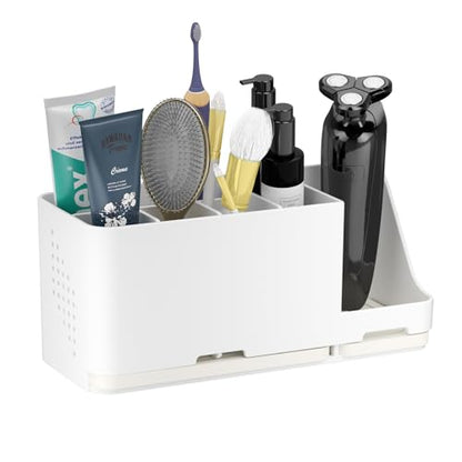 Bathroom Countertop Organizer with Water Absorbent Diatomite,8 Slots Bathroom Toothbrush Holder with Adjustable Dividers,Bathroom Sink Organizer Countertop (White) - color: White
