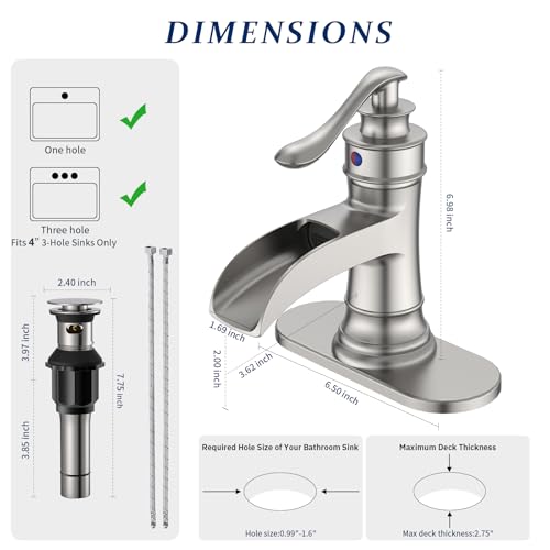 BWE Brass Brushed Nickel Waterfall Bathroom Faucet for Modern & Classic | Lead-Free, Wide Waterfall Spout, Ceramic Cartridge, Fits 1 or 3-Hole Sink, Single Handle, Handware Included, Easy Install - color: Brushed Nickel