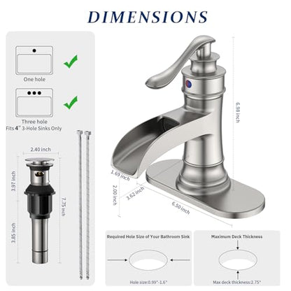 BWE Brass Brushed Nickel Waterfall Bathroom Faucet for Modern & Classic | Lead-Free, Wide Waterfall Spout, Ceramic Cartridge, Fits 1 or 3-Hole Sink, Single Handle, Handware Included, Easy Install - color: Brushed Nickel