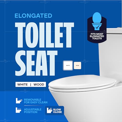 Highcraft W4TSWE Elongated Molded Wood Toilet Seat Slow Close ? Easy Remove ? Adjustable Hinge, White - color: White