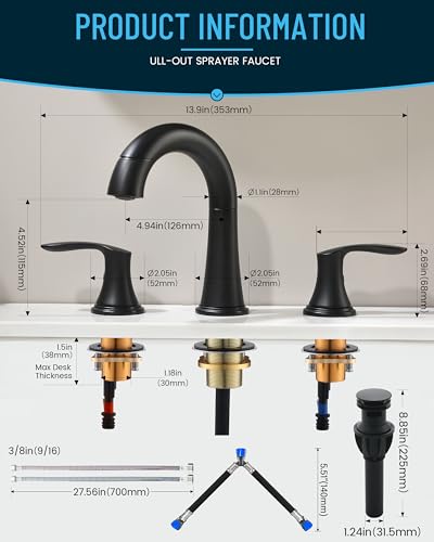 Bathroom Faucet Matte Black 8 Inch Certerset 3 Hole 2 Handles Faucet, BF-106B, 14 Inch Pull Down Out Sprayer Washing Pet & Cleaning, 360 Swivel Spout Widespread Coverage Vanity - color: Matte Black