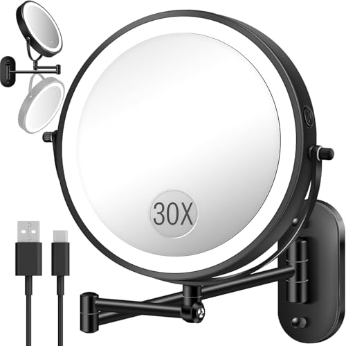 30X/1X Wall Mounted Lighted Makeup Mirror, 9'' Height Adjustable Double Sided 5000mAh Rechargeable Magnifying Bathroom Mirror with Light, 3 Color Modes Touch Dimmable Extended Arm 360 Rotation | 5000mAh Rechargeable Bathroom Mirror with 3 Color Modes Ligh