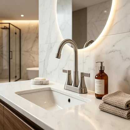 Brushed Nickel Bathroom Faucet 3 Hole, VAPSINT 4 Inch Centerset Bathroom Faucet, 2 Handle Stainless Steel Vanity Faucet for Vanity Lavatory RV with Pop-up Drain and 2 Supply Hoses - color: Brushed Nickel