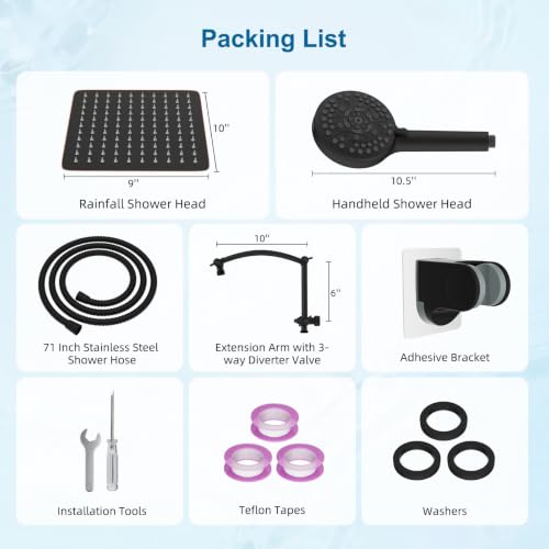 Hibbent Metal 10" High Pressure Rain Shower Head Combo, Oil-Rubbed Bronze | cUPC Certified Rainfall Shower Head with handheld 10 Sprays, 16'' Adjustable Extension Arm, 71'' Hose, Showerhead Holder - color: Oil Rubbed Bronze, style: Square 10''