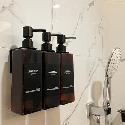 Shampoo and Conditioner Dispenser, No Drill, 16 Waterproof Labels | Shampoo Dispenser for Shower Wall, Shower Soap Dispenser Wall Mounted 3 Chamber, Bathroom, 17oz, Black Amber - color: Amber Bottle + Black Pump