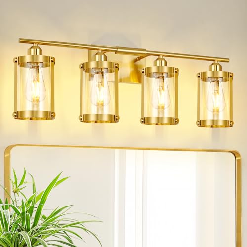 4-Light Brushed Gold Bathroom Light Fixtures with Clear Glass and Metal Cage, 29 Inch Modern Brass Vanity Lighting Over Mirror Wall Sconce Lights for Bath, E26, Rust-Proof, OS-3014BG-4W - color: Gold + Clear Glass, size: 4-Light, 29" L