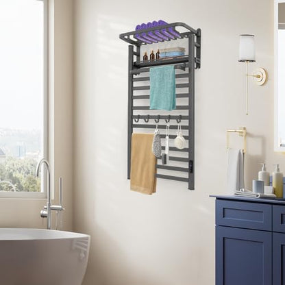 Electric Towel Warmer Rack, 12-Bar Wall Mounted Heated Towel Rack with Smart Touch Screen & Timer, IPX4 Waterproof Aluminum for Bathroom, Plug-in/Hardwired, Grey
