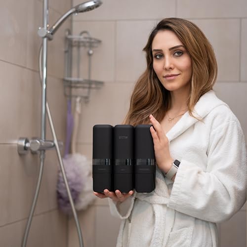 Shower Shampoo Dispenser 3 Chamber No Drill Wall Mounted Matte Black | No-drill stick-on install | Lockable pump | Refillable 250ml x 3 | Soap body wash conditioner | Bathroom hotel