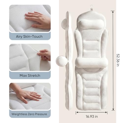 Full Body Bath Pillow for Bathtub, Adjustable Bathtub Pillows, White | Head & Neck Support, Extra Long Thick Bathtub Cushion with 192 Non-Slip Power Suction Cups, Spa Bathing Present (52" x 17")
