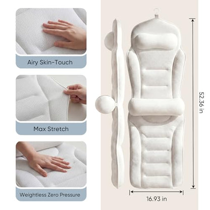 Full Body Bath Pillow for Bathtub, Adjustable Bathtub Pillows, White | Head & Neck Support, Extra Long Thick Bathtub Cushion with 192 Non-Slip Power Suction Cups, Spa Bathing Present (52" x 17")