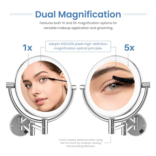 KIBI Circular Wall Mount Makeup Mirror with LED Lights, Dual-Sided 1x/5x Magnifying Mirror with Adjustable Arm, 360° Swivel, Solid Brass Construction for Durability and Style (Chrome, KMM101) - color: Chrome
