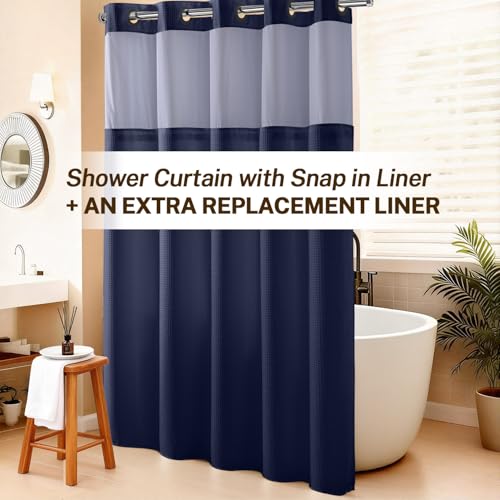 River Dream No Hooks Shower Curtain with 2 Snap in Liner, Navy, 71Wx74H | Waffle Weave, 1 Attached Snap in Liner and 1 Extra Replacement Liner, Bathroom Curtains Shower Set, Hotel Grade, Spa Like - color: Navy Blue