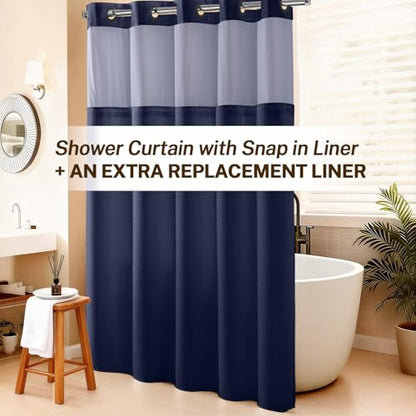 River Dream No Hooks Shower Curtain with 2 Snap in Liner, Navy, 71Wx74H | Waffle Weave, 1 Attached Snap in Liner and 1 Extra Replacement Liner, Bathroom Curtains Shower Set, Hotel Grade, Spa Like - color: Navy Blue