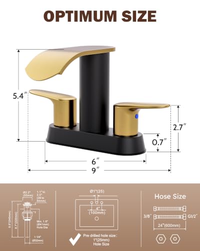WOWOW Waterfall Centerset Black Gold 4 inch Vanity Bathroom Faucet 3 Hole - color: Black and Gold
