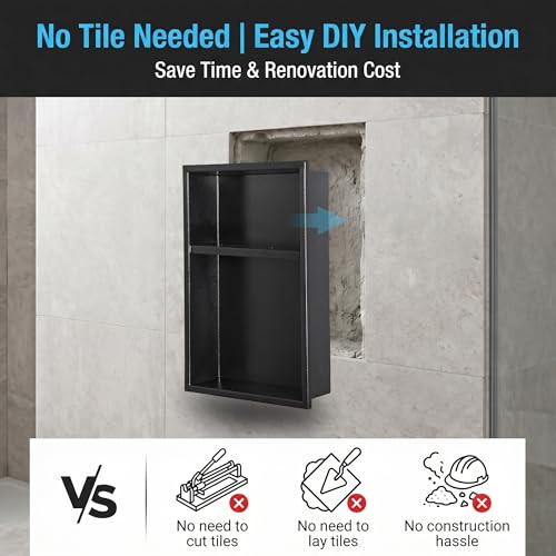 304 Stainless Steel Shower Niche 12” x 18” for Bathroom Storage | Matte Black Recessed Shower Niche No Tile Needed with 2-Tier Shelves for Bathroom Space Saving - size: 12 x 18 inch