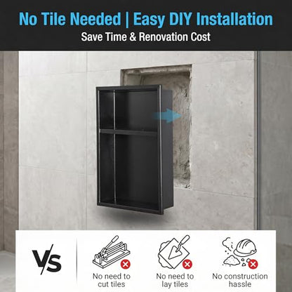 304 Stainless Steel Shower Niche 12” x 18” for Bathroom Storage | Matte Black Recessed Shower Niche No Tile Needed with 2-Tier Shelves for Bathroom Space Saving - size: 12 x 18 inch