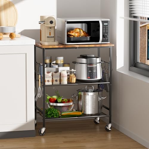 NTE Rolling Kitchen Microwave Cart, 3 Tier Microwave Stand with Storage, Small Kitchen Island on Wheels, Kitchen Storage Cart with 6 Hooks for Kitchen, Coffee Bar, Living Room, Balcony - color: Black