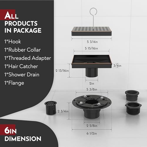 6 Inch Square Shower Drain Bronze Floor Drain with Flange Square Holes Pattern Cover Grate Removable SUS304 Stainless Steel Watermark&CUPC Certified Oil Rubbed Bronze - color: Oil Rubbed Bronze, size: 6 Inch