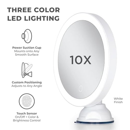 Zadro Zado 8.25-Inch x 6.9-Inch Round LED Lighted Wall Mounted Suction Cup Makeup Mirror with 10X Magnification and Touch Controls (White) - color: White