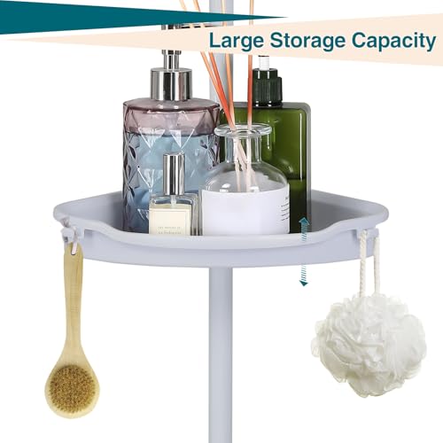 Corner Shower Caddy Tension Pole, 101.6''-122'', 4 Tier Shower Shelf, Rust Proof No Drilling Bathroom Organizer with Adjustable Trays, Plastic Bathtub Shelves Shamboo Holder, White