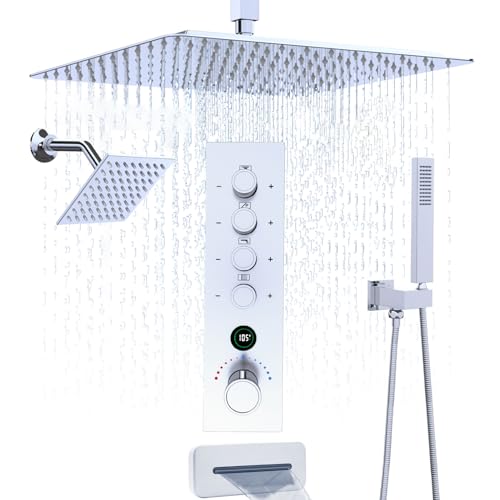 Thermostatic Digital Dual Rain Heads Tub Shower System Can Run Together | 4-Way Shower Faucts Set with Waterfall Spout, 12" Rainfall + 6" Tilted Shower and Brass Handheld, Chrome - color: Chrome, style: 12” + 6" + Spout