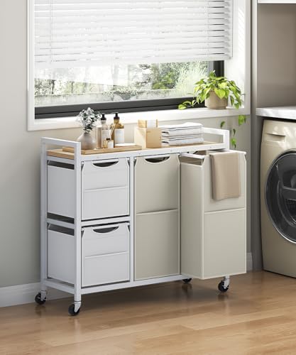 HOOBRO Laundry Sorter with 4 Section, 34 Gal. (127 L) Laundry Hamper with Wheels, Rolling Laundry Basket with Shelves, Pull-Out Detachable Bags, Side Pockets, White, Natural and Beige WNE14XY01N1 - color: White + Natural + Beige